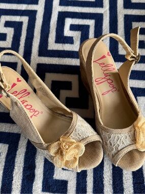 Jellypop Beige Peep-Toe Wedges with Floral Accent